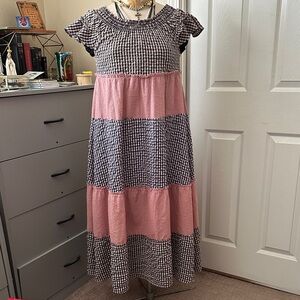 Free People Pink and Black Gingham Tiered Dress